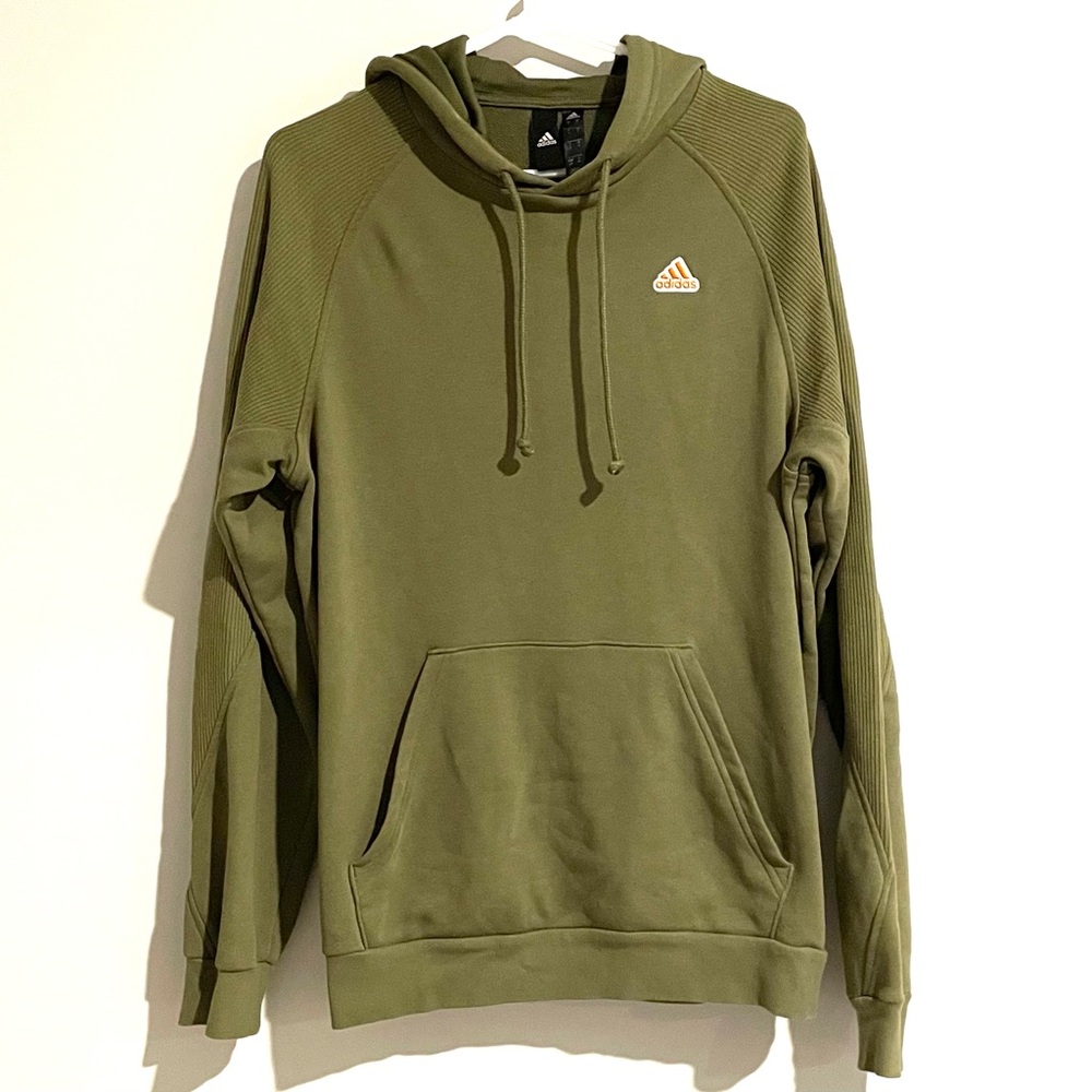 Adidas Mens Hoodie Long Sleeve Rib Pullover Sweatshirt Logo Green Size Small